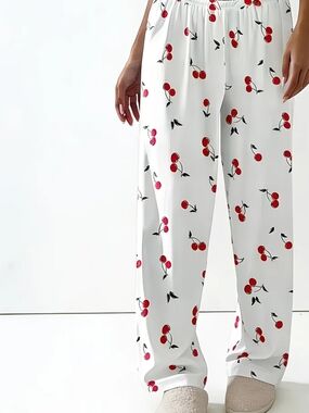 White Cherry Print Lounge Pants